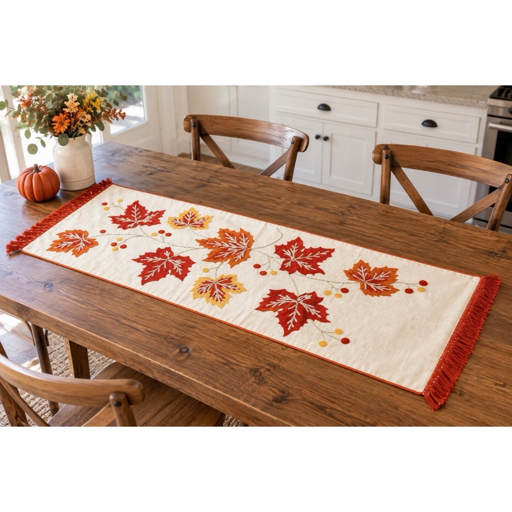 Haymarket Square Fall Table Runner 15x38 Embroidered Maple Leaves Thanksgiving